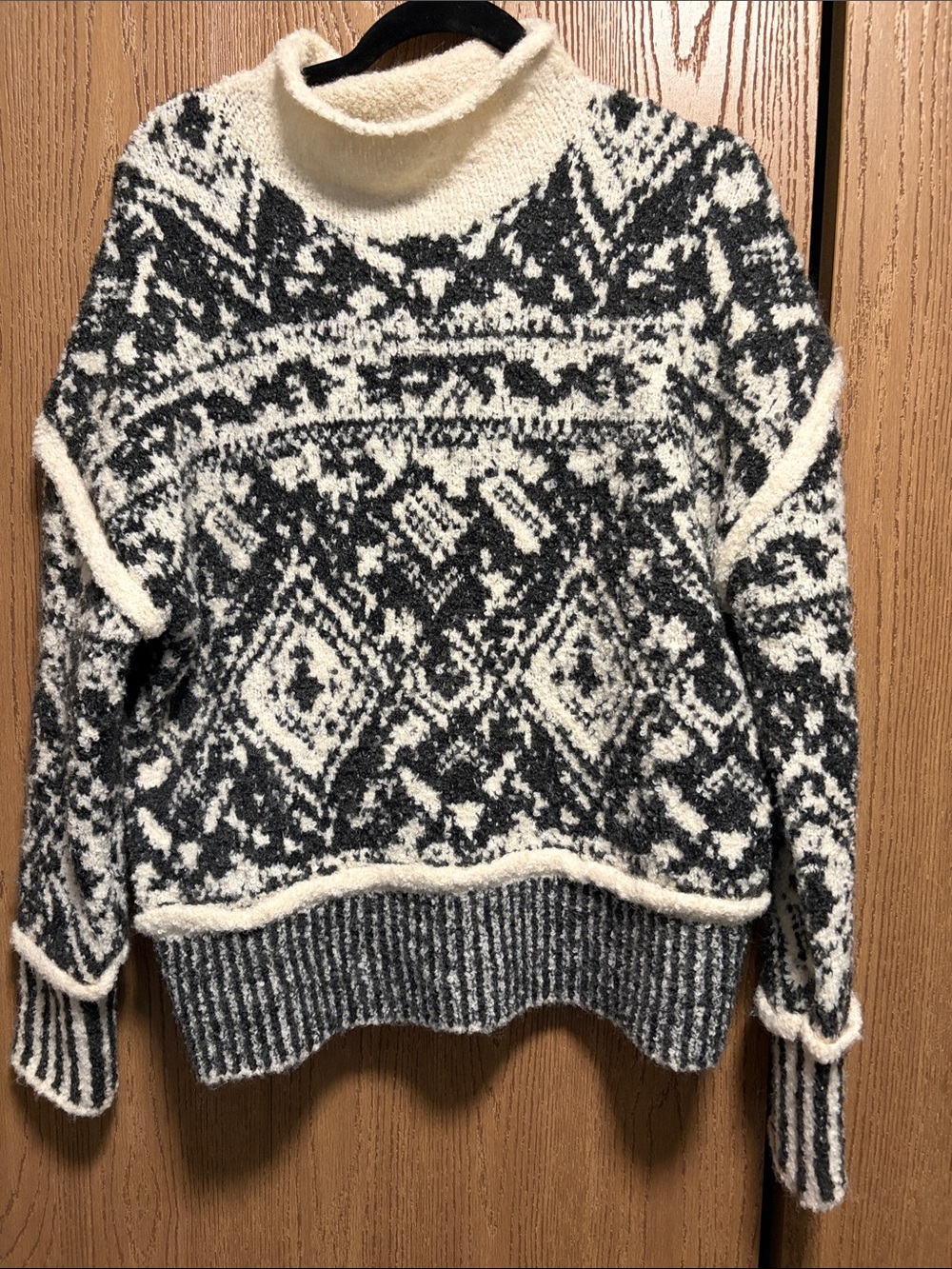 Cream & Black Patterned Turtleneck Sweater